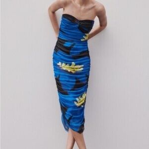 Zara Strapless Blue and Black Dress with Yellow Accents